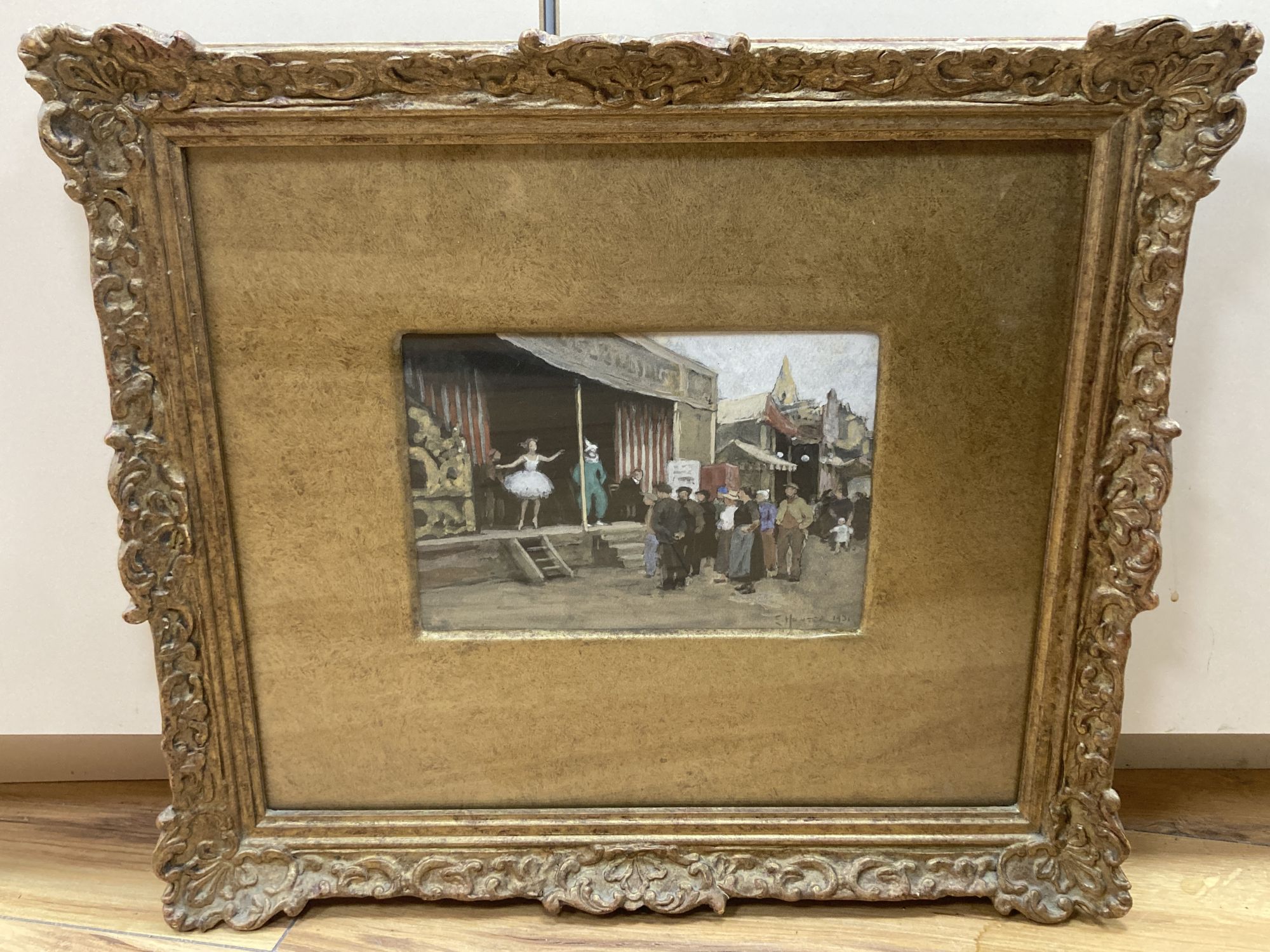 E. Hunter, hand coloured lithograph, The Fairground Dance, signed and dated 1931, 13 x 18cm